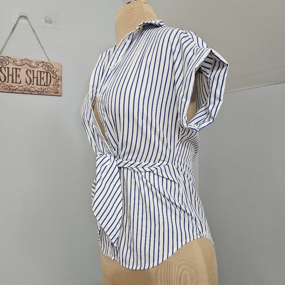 Lauren Ralph Lauren Blue White Stripe Wrap Blouse Short Sleeve XS Summer Resort - Picture 6 of 16